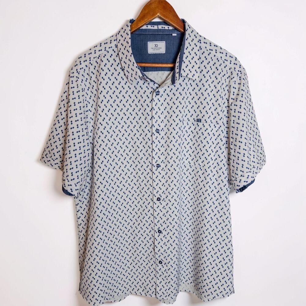 7 Diamonds Masone White Blue Geometric Stretch Button Down Shirt XXL